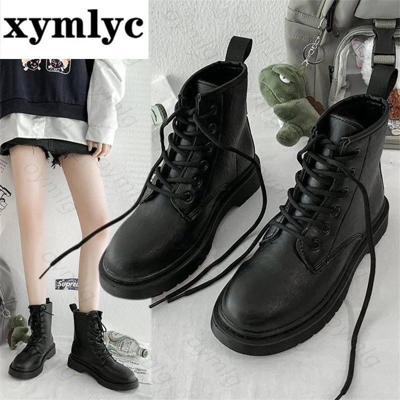 

Женские ботинки-мартинсы на платформе, Черные Водонепроницаемые ботинки на толстом каблуке, с круглым носком, на шнуровке, осень 2021