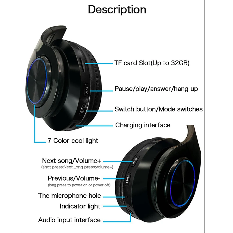 B39беспроводные bluetooth-наушники, светодиодный, красочные, дышащие, портативные, складные, встроенные, FM, с микрофоном, поддержка TF карты, mp3-плеер