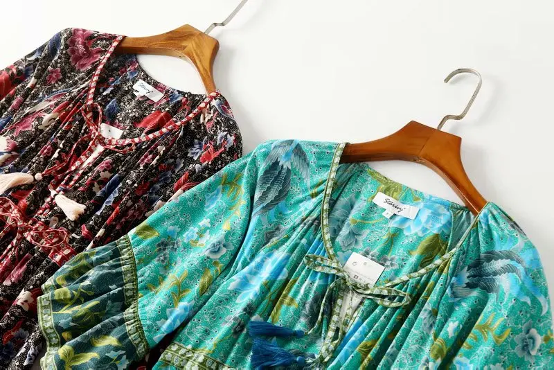 Vintage chic women birds floral print flare sleeve Bohemian rayon cotton maxi dress Ladies v-neck lace-up ruffles Boho vestidos