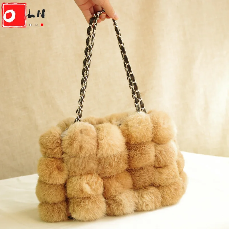 

OLN Luxury Real Rabbit Fur Women Shoulder Bag High Quality Female Chain Handbag Fashion Design Ladies Baguette Bags 2021 Winter