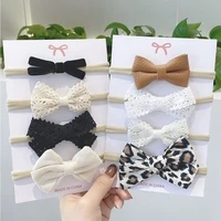 4pcsset cute cotton linen leopard printed bowknot solid headband for girl ribbon headwear toddlers band infant hair accessories