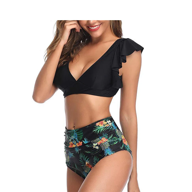 

Swimwear Women 2021Solid Sexy Bikini High Waist Split Swimsuit V Neck Backless Beach Swimsuit Print Ruffle Swimming Costume