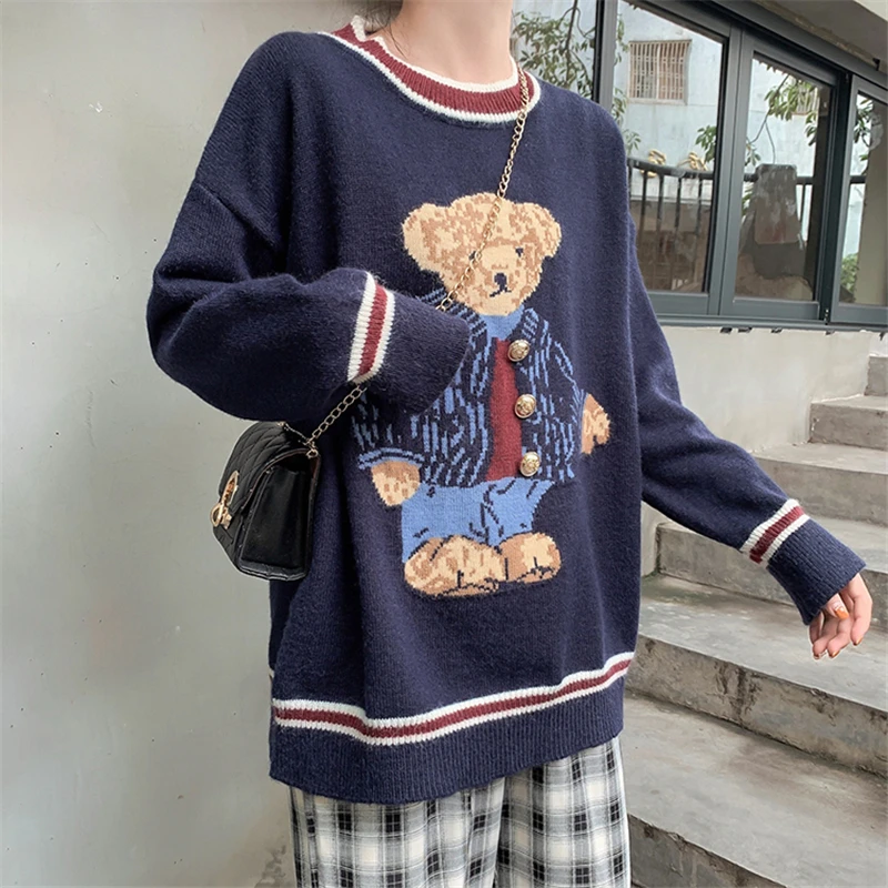 

2021 Autumn Winter Cartoon Bear Women Loose Pullovers And Sweaters Jumper Loose Casual Preppy Style Female Knitted Sweater Women