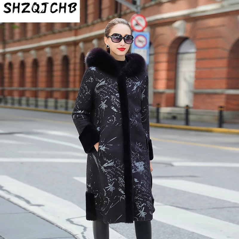 

SHZQ овечья шерсть все в одном женское длинное 2021 Новое пальто с капюшоном из лисьего меха женская кожа