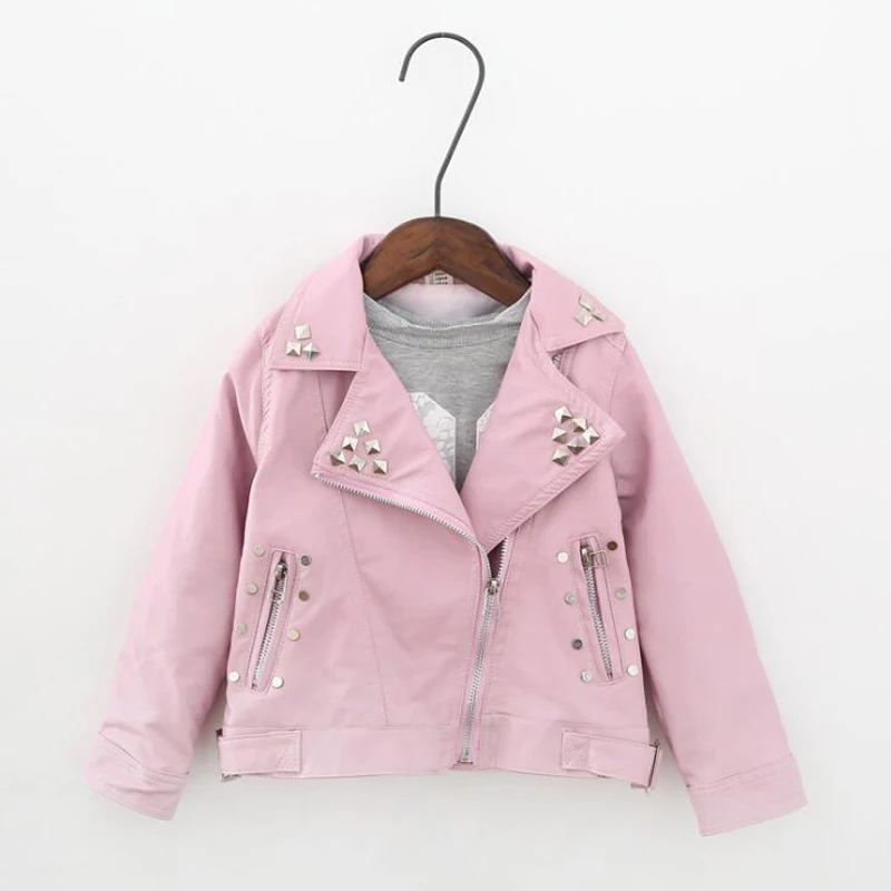 

Children's coats PU leather girls Rivet coats zipper fashion kids spring autumn coats baby leather coats solid color 2-7 years