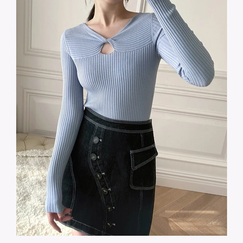 

Aurkrrvn Hollow Out Autumn Sweaters Woman Sexy Knot Knitted Slim Fitted Fall Sweaters Women Korean Knitwear Elegant Party Tops