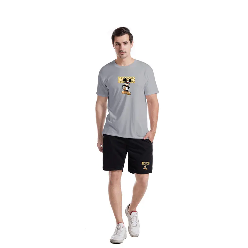 

2021 Men Cartoon Print Short Sleeve Round Collar T Shirt Summer Cotton Fashion Fitness Jogging Sweatshirt And Sweatshorts Suit