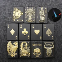 creative personality metal skull poker strong windproof torch butane gas inflatable lighter cigarette accessories men gift
