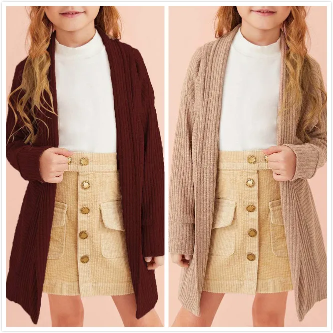 Su&eacute;ter de invierno para ni&ntilde;as, c&aacute;rdigan de punto de manga larga, Tops de punto para ni&ntilde;as, Color caqui/rojo vino, 2-7 a&ntilde;os-0