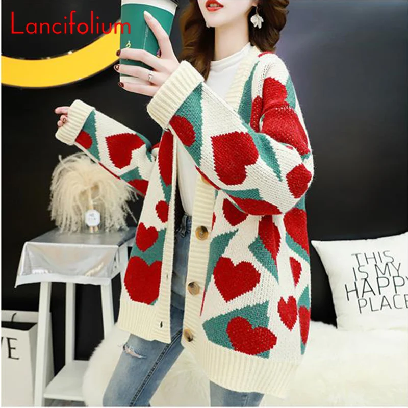 

Harajuku Love Heart Sweater Coat Women Autumn Fall Winter Oversized Knitted Sweater Cardigan Cute Graphic Korean Loose Jacket