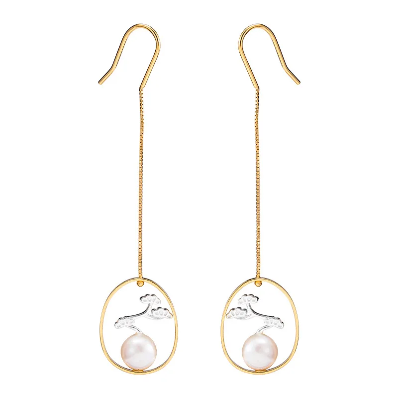 

Silver 925 Jewelry Freshwater Pearls Long Drop Earrings For Women Chinese Vintage Style 18k Gold Green Pine Earings Flyleaf New