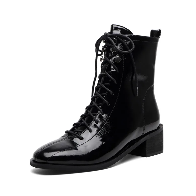 

FOREADA Rivet Real Leather Motorcycle Boots Lace Up High Heel Woman Mid Calf Boots Zip Block Heel Shoes Lady Autumn Winter Black