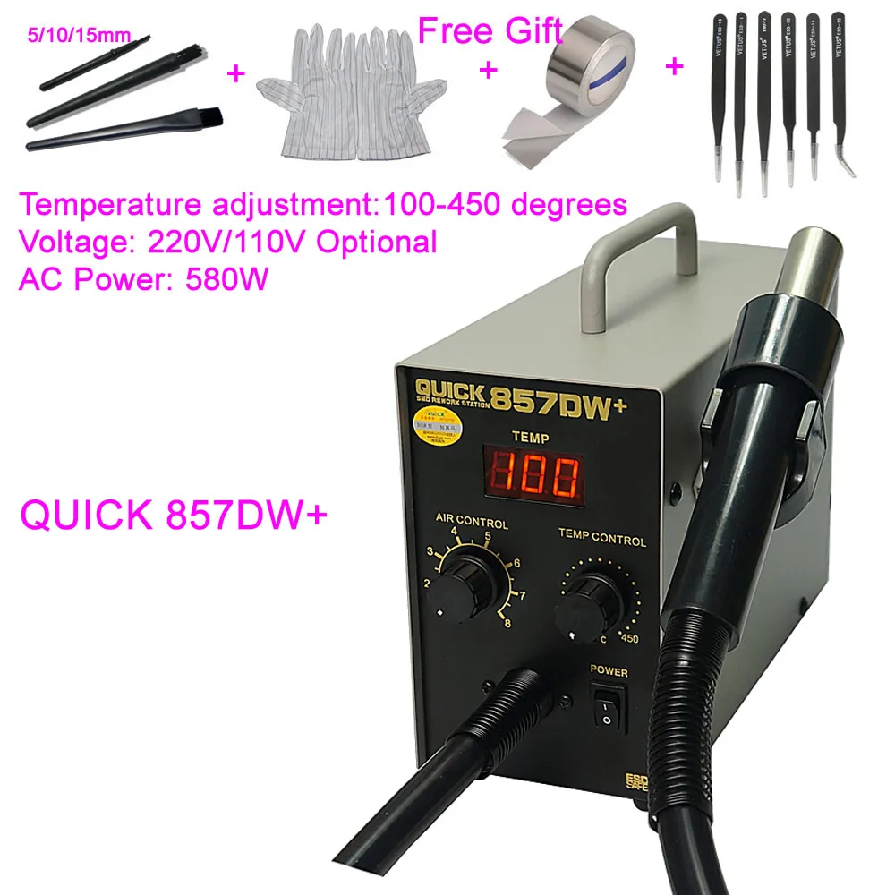 

580W QUICK 857DW+ Soldering Station Adjustable Hot Air Gun Heater Helical Wind Air Gun SMD Hot Rework Station 220V 110V