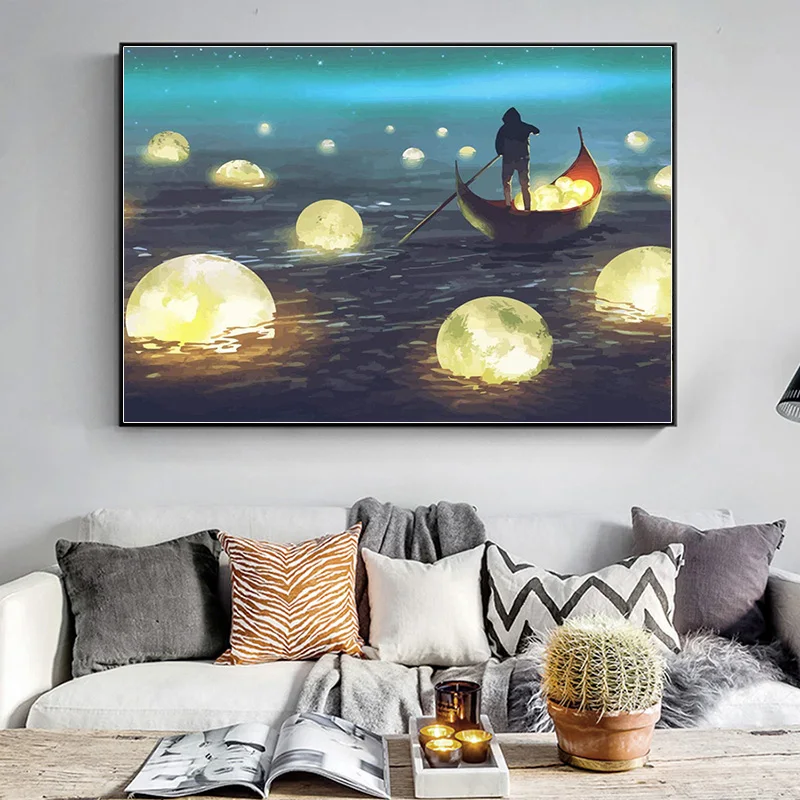 Картина по номерам сделай сам настенное изображение с Луной рекой и светом