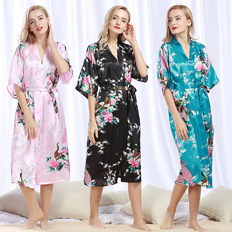 

Women Summer Sexy Satin Silk Bathrobe Plus Size Kimono Women'S Gowns Floral Print Homewear Female Long Bath Robe Wedding Robes