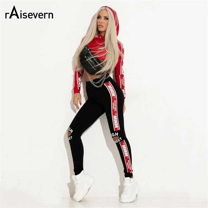 

Raisevern Woman Sets Hip Hop Letter Print Autumn Two Piece Sets Hoodies Pullover And Skinny Fashion Design Side Stripe Slim Pant