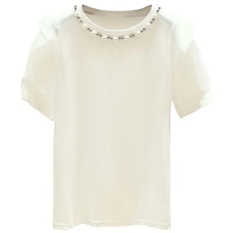 Женская футболка с буффами на рукавах однотонная элегантная офисная бусинами