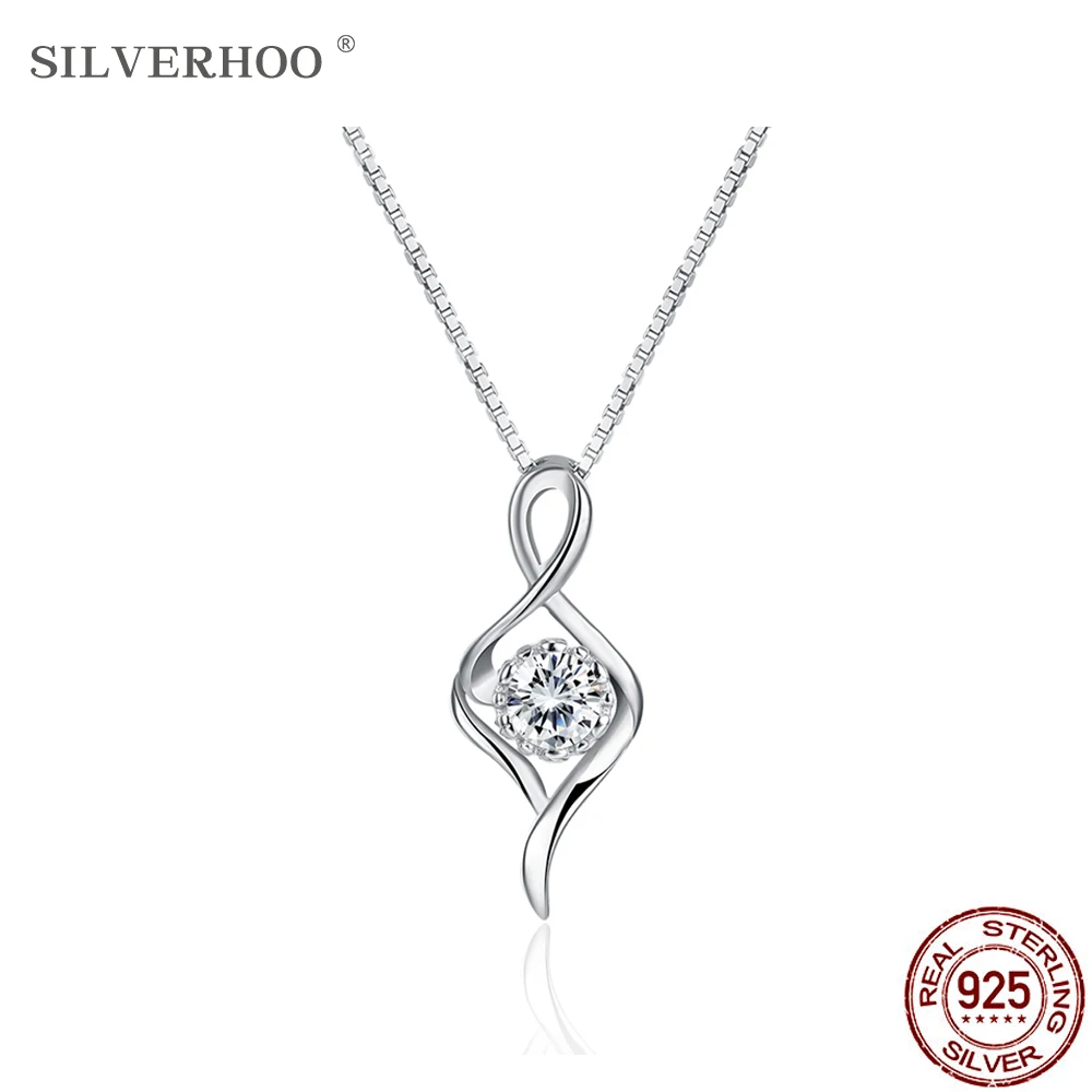

SILVERHOO Classic 925 Sterling Silver Geometry Twisted Pendant Necklaces For Women Round Clear Cubic Zirconia Necklace Jewelry
