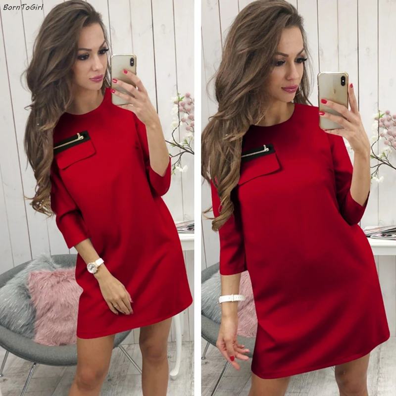 BornToGirl/весенне-осеннее женское Повседневное платье трапециевидной формы с рукавом 3/4, черное, желтое, красное платье из синтетической ткани, robe femme