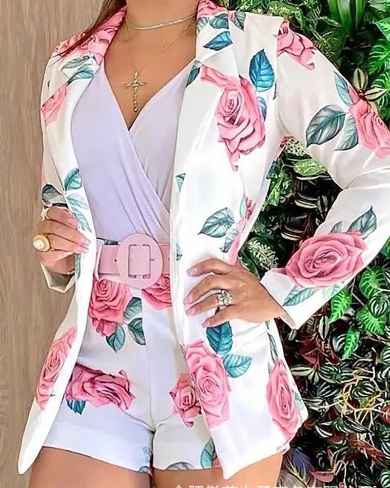 

Suits with Shorts 2 Piece Sets Womens Outfit High Waist Shorts Female Printing Blazer Women Plus Size Sets LongSleeve Lapel Suit