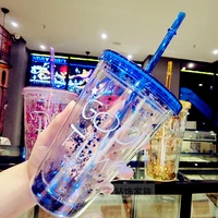 double layers blue plastic water bottle summer ice cup creative letter sippy mugs outdoor sports glass cute coffee mugs and cups