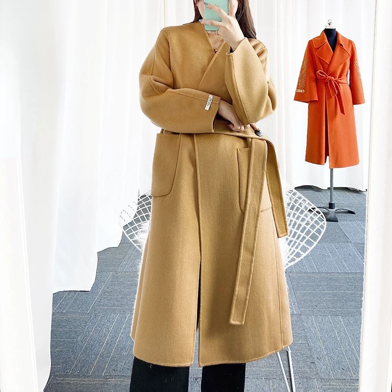 

Женское двухстороннее шерстяное пальто, однотонное пальто средней длины со шнуровкой и V-образным вырезом, Осень-зима 2021