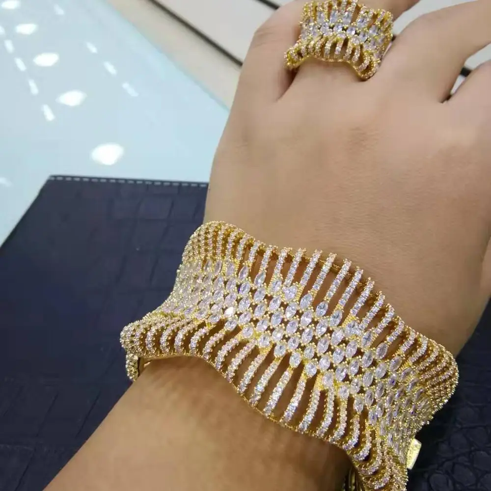 Gold GODKI роскошный массивный Африканский Золотой Браслет-манжета набор колец для женщин Свадебные с кубическим Цирконом Кристалл CZ Дубай наборы свадебных ювелирных изделий - Окраска металла: Gold
