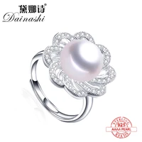 new natural freshwater pearl ring shiny zircon adjustable big flower ring fashion 925 sterling silver jewelry for women hot gift