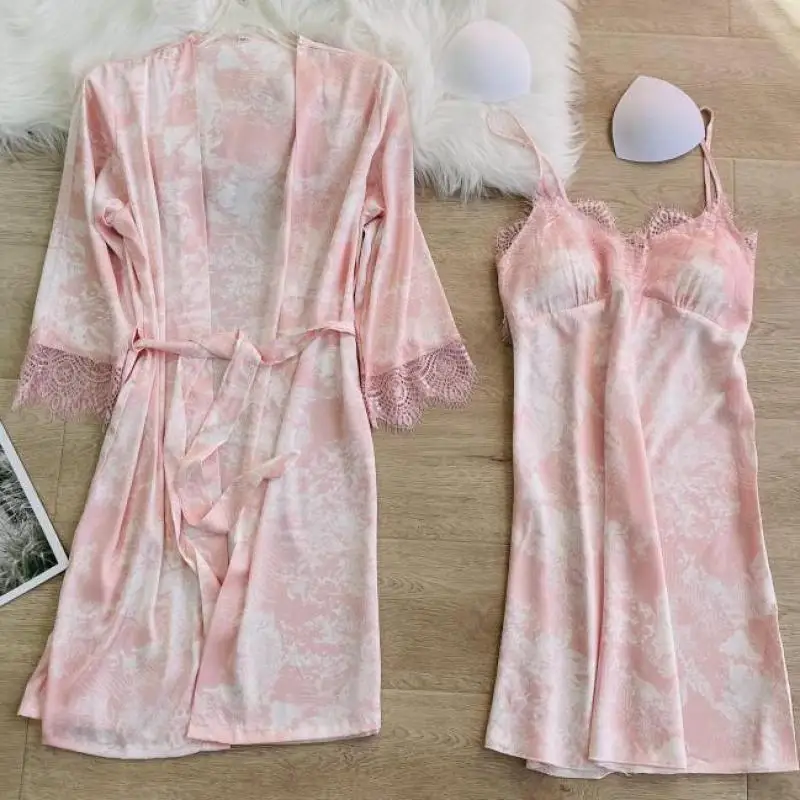 

Women Satin Nighty&Robe Set Summer Silky Sleep Set Sexy V-neck Kimono Gown Female 2PCS Sleepwear Lace Trim Robe Suit Loungewear
