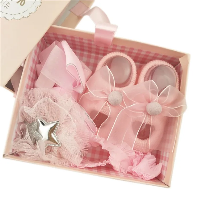 Newborn 3pcs Baby Girls Headband Socks Cute Bow Flowers Cloth Hair Bands Accessories Gift Boxes Shower | Детская одежда и обувь