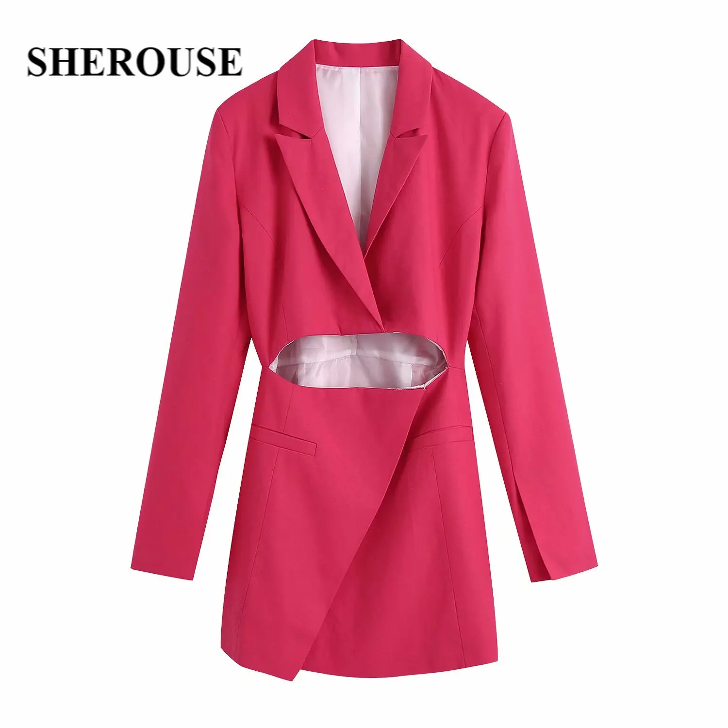 

SHEROUSE Women Fashion Front Hollow Out Solid Blazer Style Mini Dress Vintage Notched Neck Long Sleeve Female Dresses Robe
