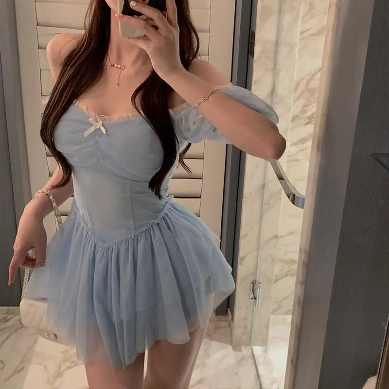 

Korean Party Mini Sexy Dress Female Summer High Waist Elegant Kawaii Dress Female Short Sleeve Sweet Casual Dress Mini Cute Girl