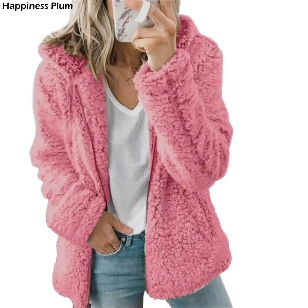 

2021 Women Autumn Winter Jacket Female Coat Causal Soft Hooded Fleece Plush Warm Plus Size Faux Fur Fluffy Zipper top Sudadera