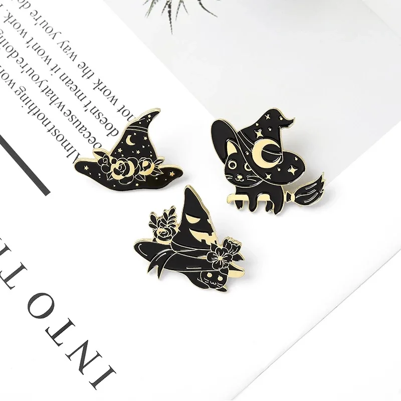 

Black Cat Brooch for Women Men Besom Magic Hat Cartoon Pins Anime Enamel Badge Japanese Corsage Boy Girl Student Bag Accessories