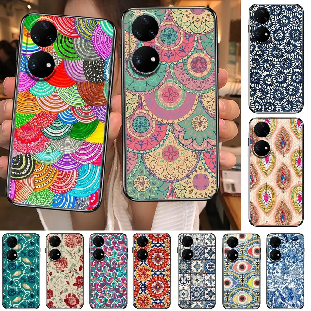 

Vintage Indian Floral Henna Mandala Yoga Ethnic Phone Case For Huawei p50 P40 p30 P20 10 9 8 Lite E Pro Plus Black Etui Coque Pa