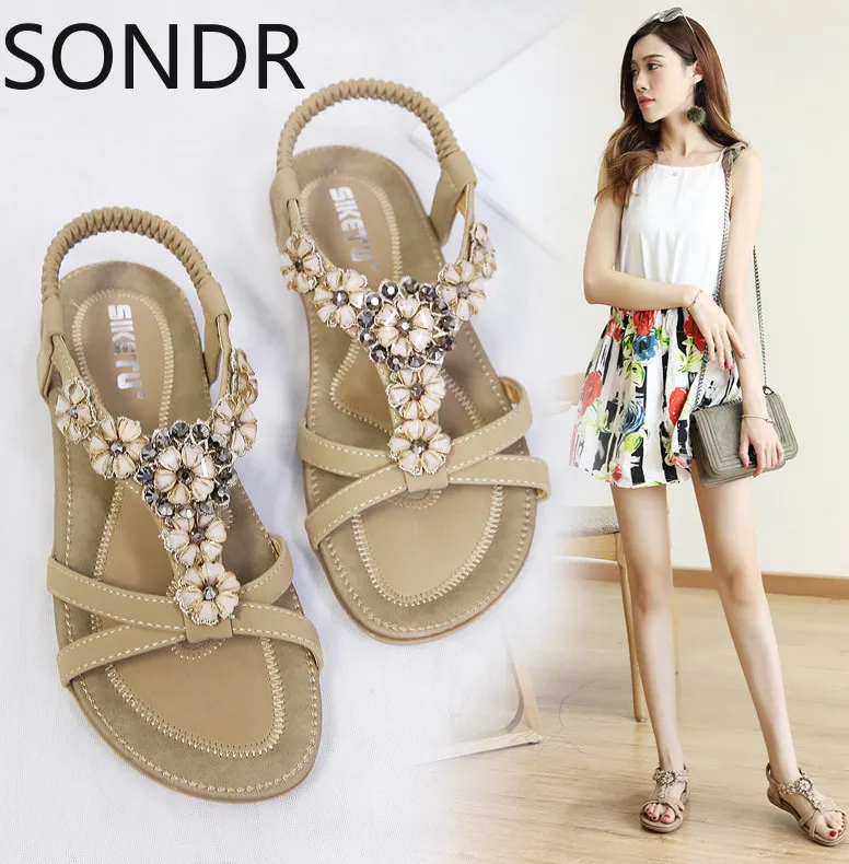 

2021 Sweet Fashion Sandals Women's Flowers Rhinestone Large Size Flats Beach Shoes 35-42