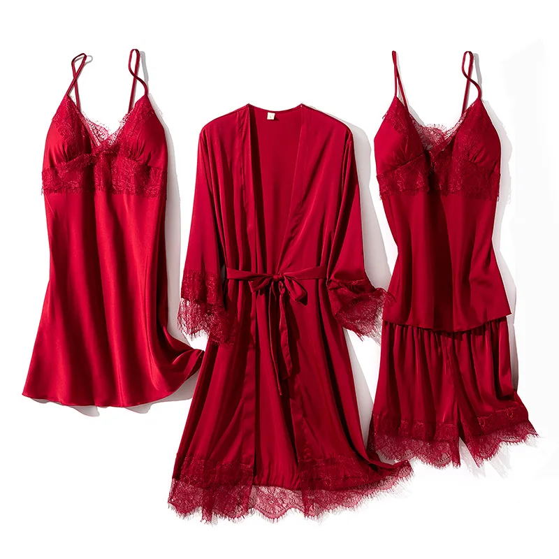 

Sleepwear Women Summer Thin Silky 4PCS Pajamas Set Sexy Silky Satin Robe Set Kimono Gown Patchwork Nightwear Loose Homewear