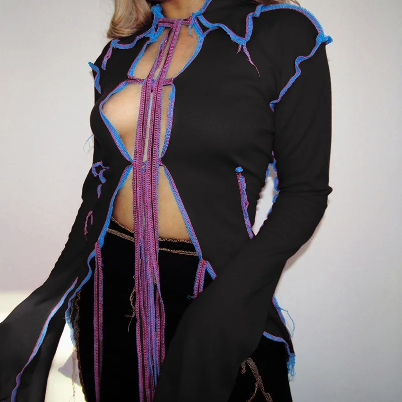Сексуальная Лоскутная Клубная одежда с длинным рукавом и шнуровкой футболка