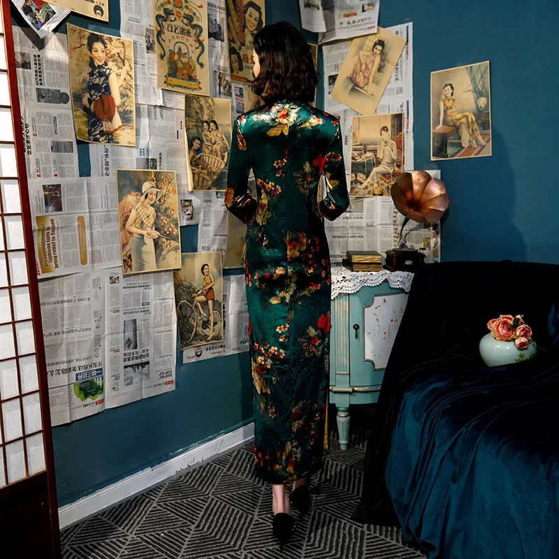 L-5XL, женские осенние велюровые платья Cheongsam, плюс размер, бархатное позолоченное традиционное китайское платье, Зеленое Длинное Qipao