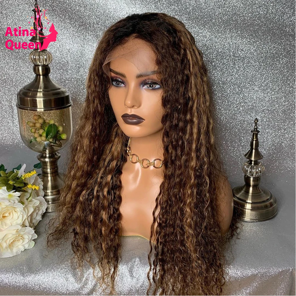 Remy Brown and Blonde Highlight Full Lace Wig Black Women Water Wave Invisible Hd Transparent Preplucked Front | Шиньоны и парики
