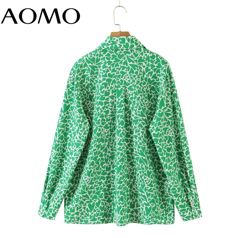 

AOMO Women Vintage Green Heart Print Office Lady Shirt Long Sleeve 2021 Chic Female Shirt Tops SL340A