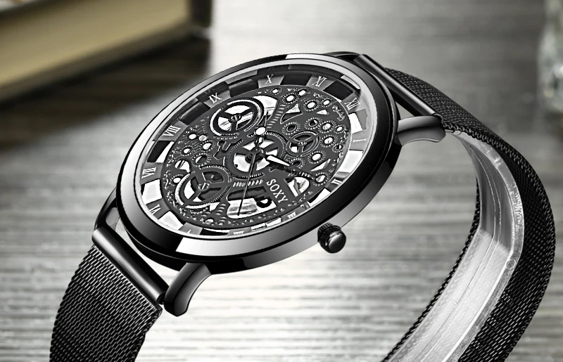 Новинка, повседневные роскошные женские часы, мужские часы с золотым каркасом, стальной сеткой, кварцевые наручные часы для мужчин,, деловые мужские часы, SOXY