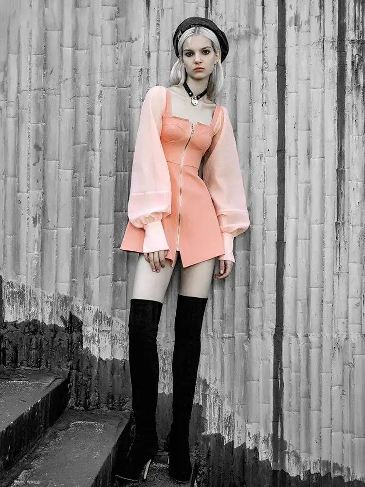 Женские платья с квадратным воротником в стиле панк пышными рукавами и открытой