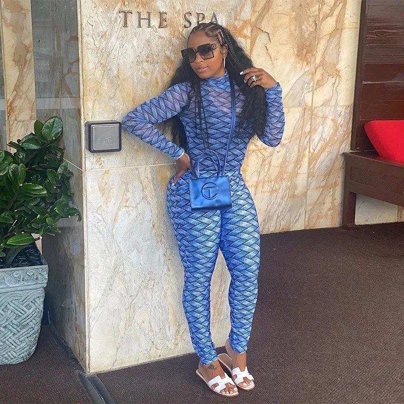 

Fall Fitness Women Two Piece Set Plaid Print Mesh Skinny Bodysuits+Leggings Slim Elastic Activewear Matching Outfits Women