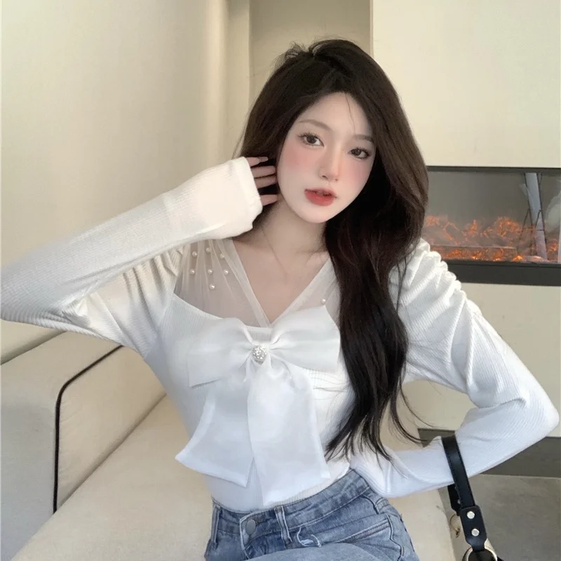 Свитер Ezgaga с бантом и лентой Женский пуловер V-образным вырезом длинным рукавом в