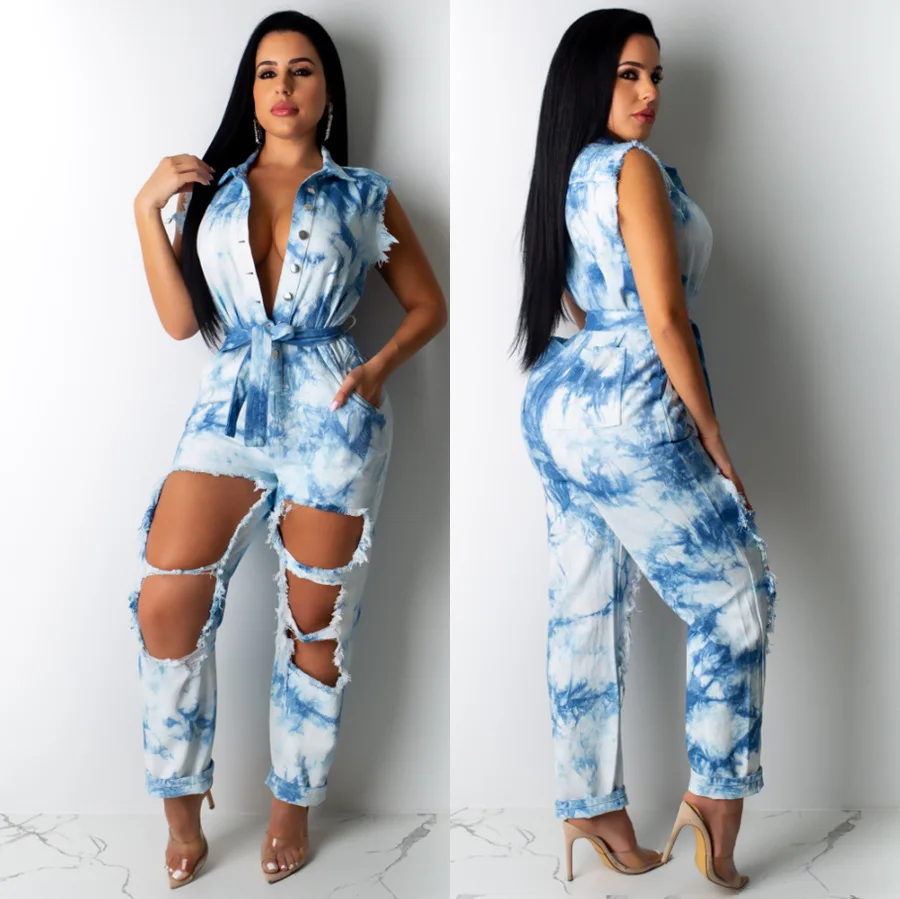 Женский джинсовый комбинезон на пуговицах винтажный с высокой талией и принтом