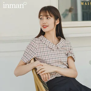 Летняя хлопковая блузка для девочек, с отложным воротником, винтажный клетчатый узор, Новое поступление, inman