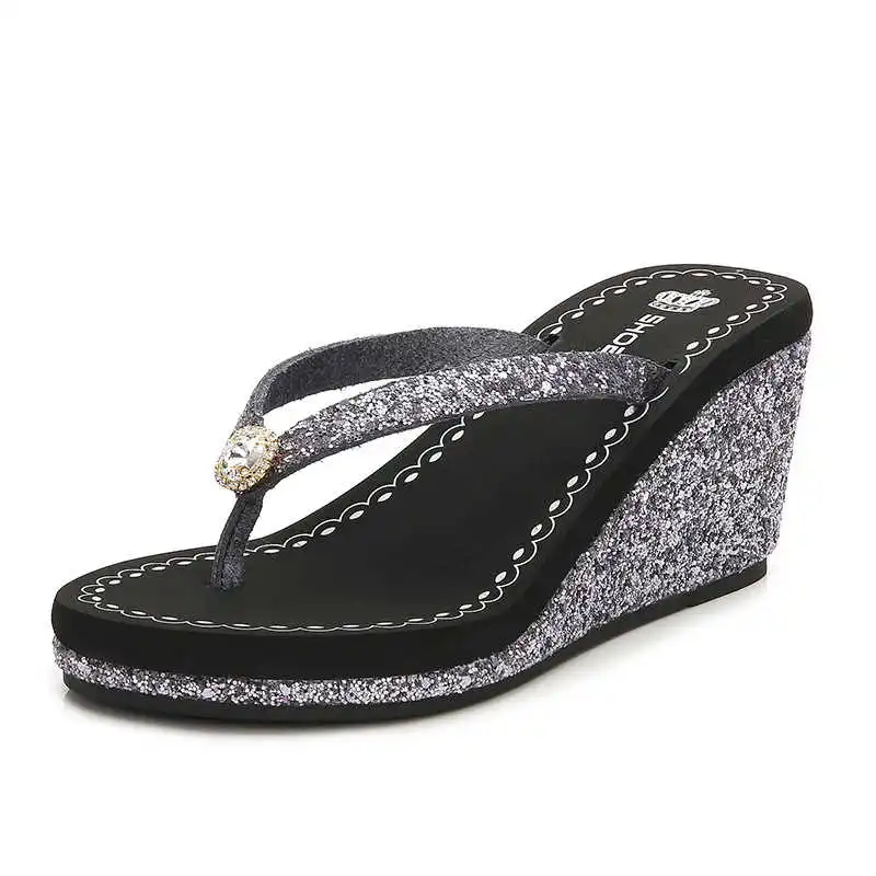 

New Sequin flip flop women's summer slope heel thick sole rubber high heel sandal fashion diamond beach slippers