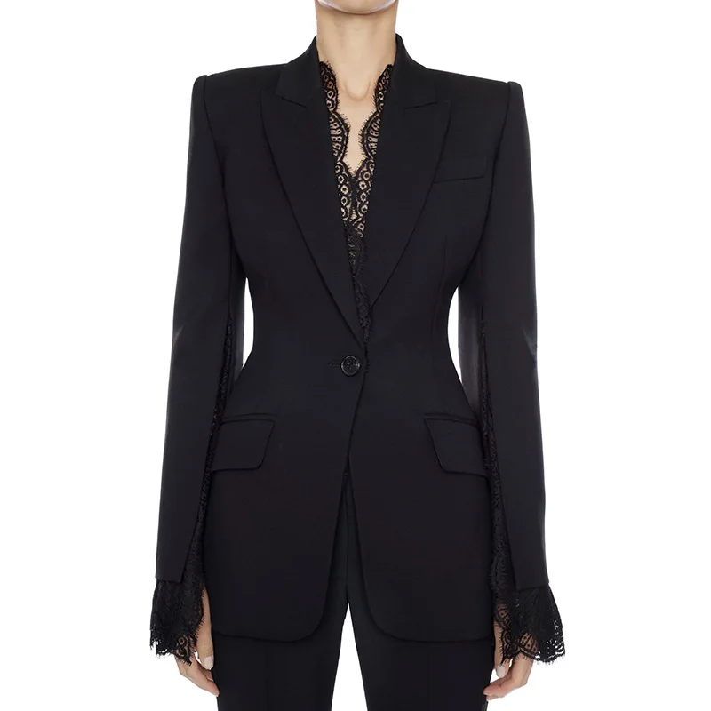 

High Quality Office Lady's Lace Patchwork Blazers Split Hollow Out Sleeve Women Runway Designer One Button Slim Coats Clothing