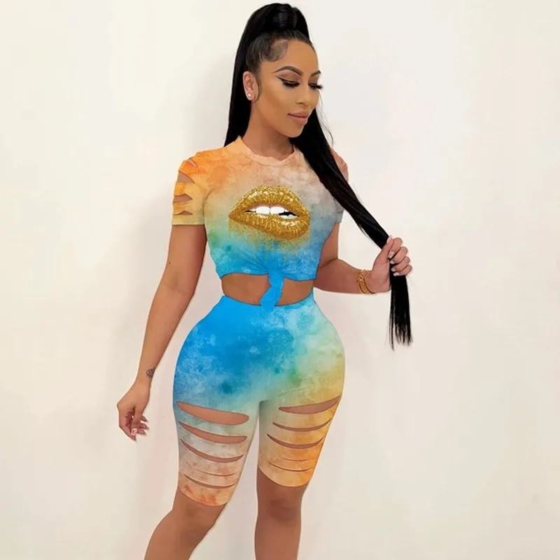

Tie Dye Ripped Tracksuit Women Streetwear Lip Printed Skinny Two Piece Set T Shirt Top and Biker Shorts Set Women Summer Clothes